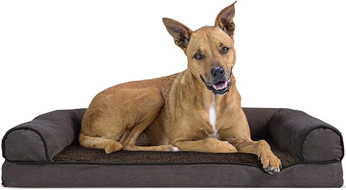 Furhaven Orthopedic Dog Bed for Large/Medium Dogs w/ Removable Bolsters & Washable Cover, For Dogs Up to 55 lbs - Sherpa & Chenille Sofa - Coffee, Large-PawvioPets