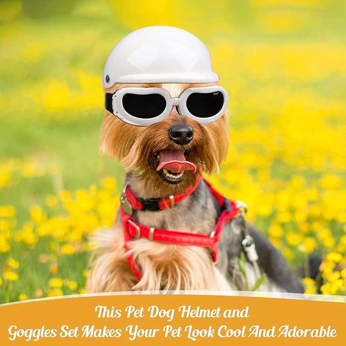 Frienda Dog Helmet and Goggles, UV Protection Doggy Sunglasses and 4 Inch Padded Puppy Motorcycle Helmet Adorable Dog Goggles with Adjustable Belt for Small Dogs Puppy Riding(White,S)-PawvioPets