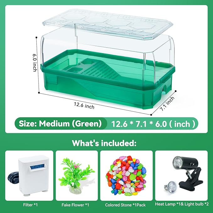 Aquatic Turtle Tank Habitat Kit Stone+Filter+Heat Lamp Enhancing Interaction with 360° Viewing, Standalone Filtration, DIY Creative Zone, Enriched Living (Green, Medium[with Light])-PawvioPets