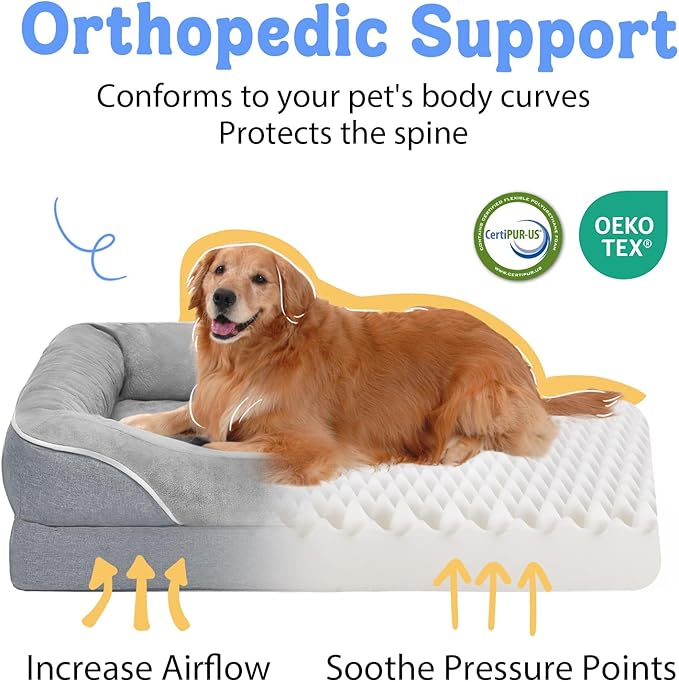 Washable Orthopedic Large Dog Bed - Extra Large Dog Beds with Bolsters Removable Orthopedic Foam Support Dogs Bed Waterproof Cover Non-Slip Bottom Pet Beds-PawvioPets