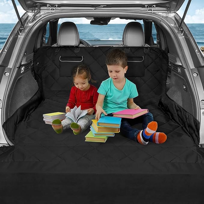 F-color SUV Cargo Liner for Dogs, Waterproof Pet Cargo Cover Dog Seat Cover Mat for SUVs Sedans Vans with 2 Large Pockets, Non-Slip, Large Size Universal Fit, Black-PawvioPets