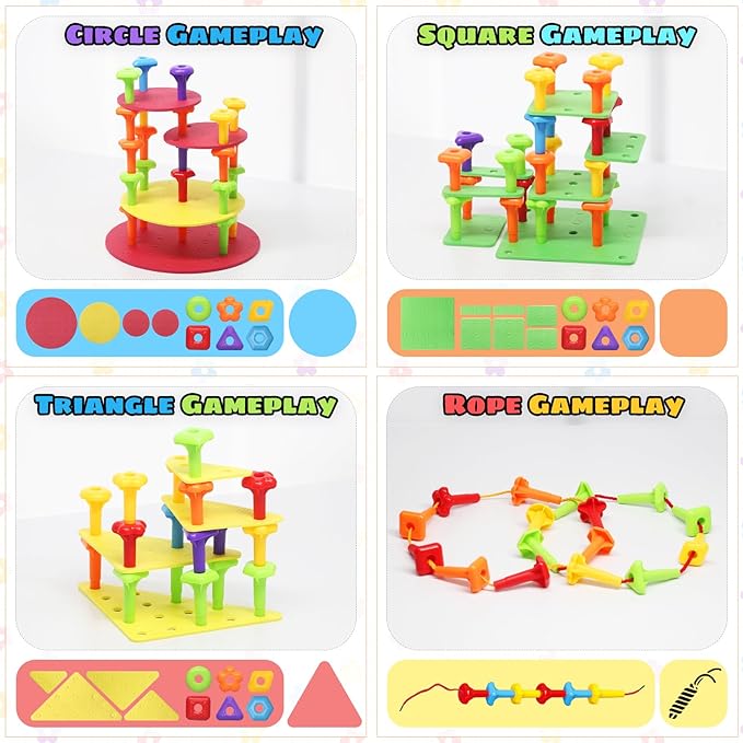 Ggiibro Peg Board Toy set 101Pcs DIY Building Stacking Toys for Kids 3-6 Years Old,STEM Educational Kids Toy for Brain Development,Montessori Sensory Toys,Plastic Lacing String Game-PawvioPets