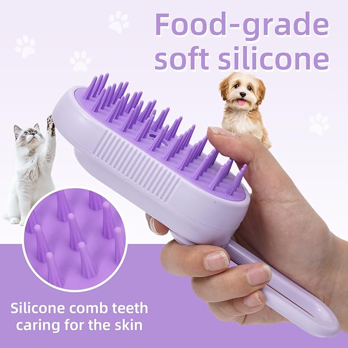 4-in-1 Rechargeable Anti-Dandruff Pet Steam Brush — brush for sheddingCats & Dogs,pet hair removal tool. Integrating functions of massage,clean, hair grooming and anti-static (purple)-PawvioPets