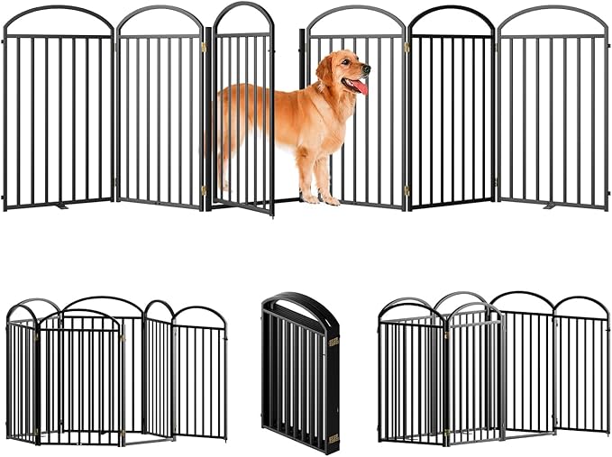 6 Panles Full Matel Freestanding Dog Gates with Door, 144"Extra Wide 36"Tall Free Standing Dog Pet Gate for Indoor & Outdoor. Foldable Pet Fences for Doorways, House, Stairs, Porch, Deck, Yard-PawvioPets