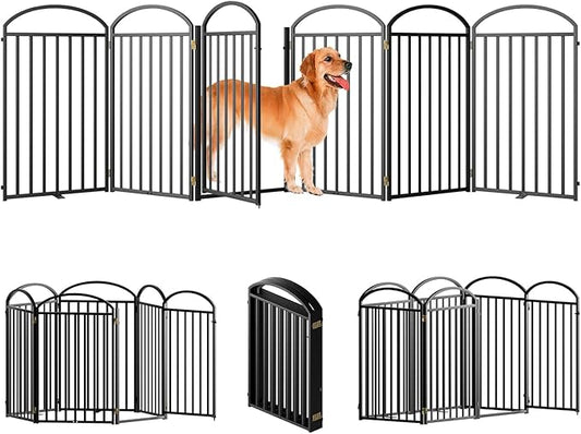 6 Panles Full Matel Freestanding Dog Gates with Door, 144"Extra Wide 36"Tall Free Standing Dog Pet Gate for Indoor & Outdoor. Foldable Pet Fences for Doorways, House, Stairs, Porch, Deck, Yard-PawvioPets
