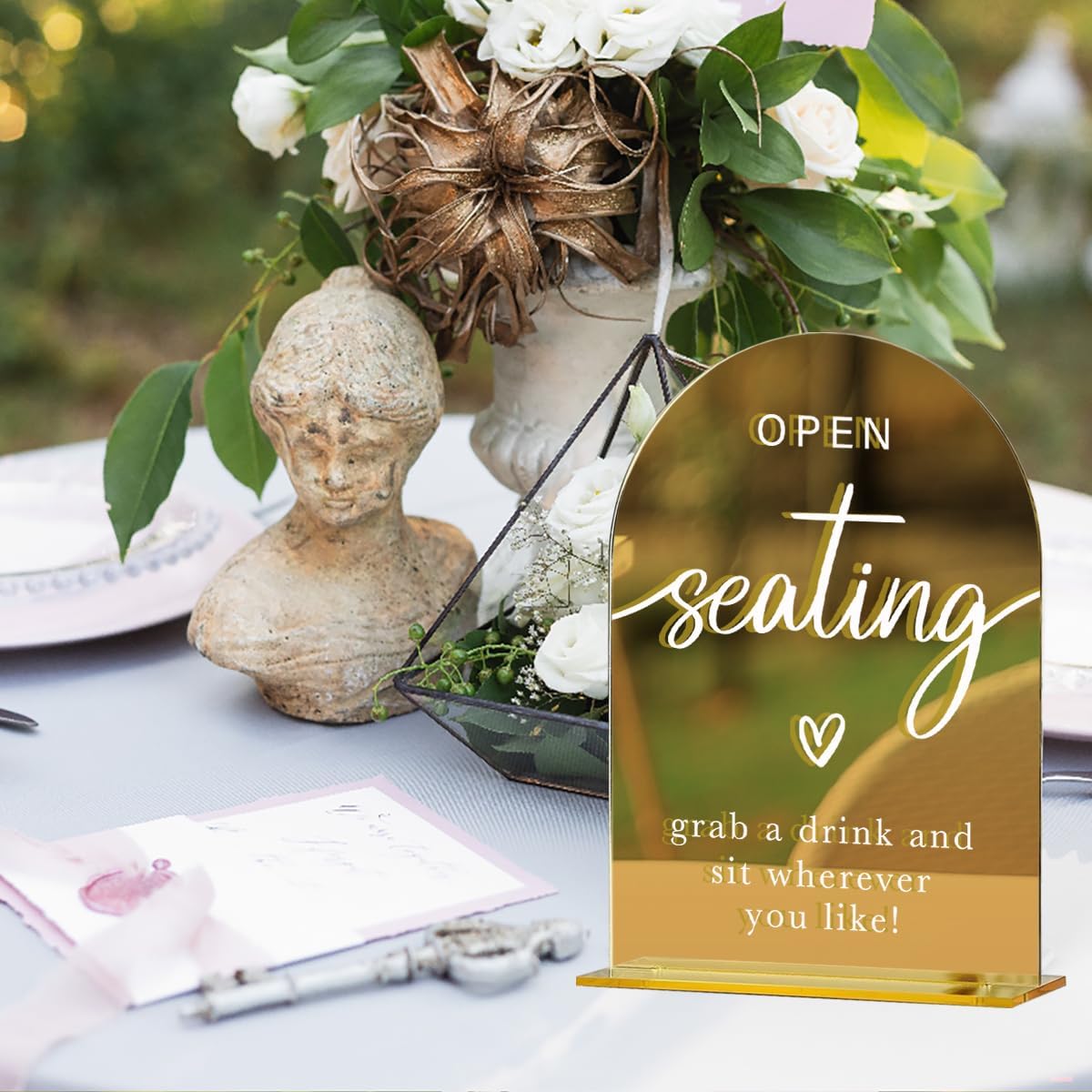 Acrylic Wedding Sign, Bridal Shower Decorations, Open Seating Sign for Ceremony, Modern Font Table Signs, Gold Mirror Arched Acrylic Tabletop Signs for Wedding Reception and Event Party