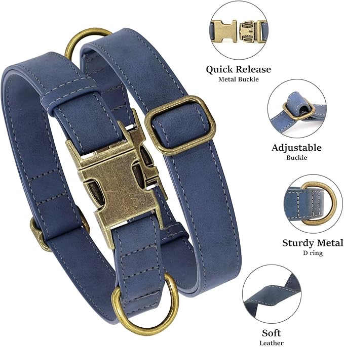 Didog Soft Leather Dog Collar, Durable Heavy Duty Dog Collars with Quick Release Metal Buckle, Adjustable Dog Collar Leather for Medium Small Dogs, Blue, M-PawvioPets