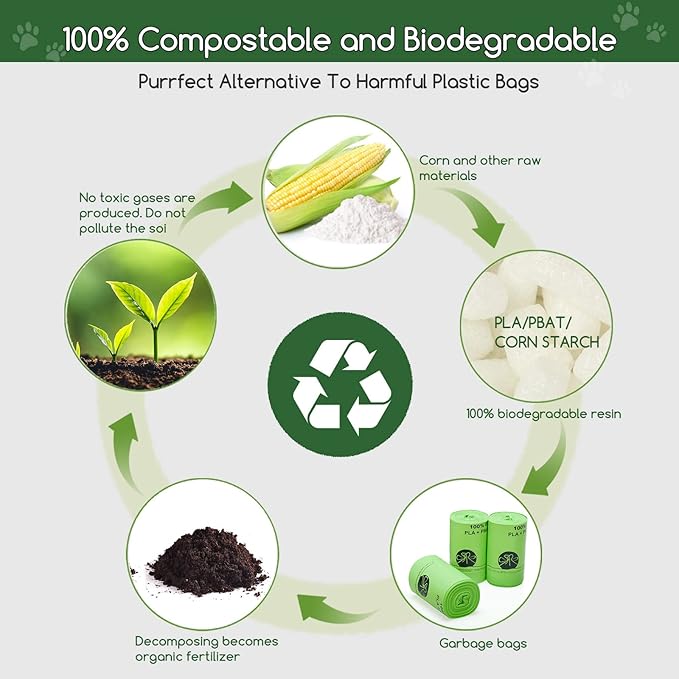 Biodegradable Cat Litter Liner Bags Compatible with LR 3, 4 and Most Self-Cleaning Litter Boxes, 60 Count Kitty Automatic Waste Drawer Liners, Drawstring Pet Compostable Replacement Poop Bags-PawvioPets