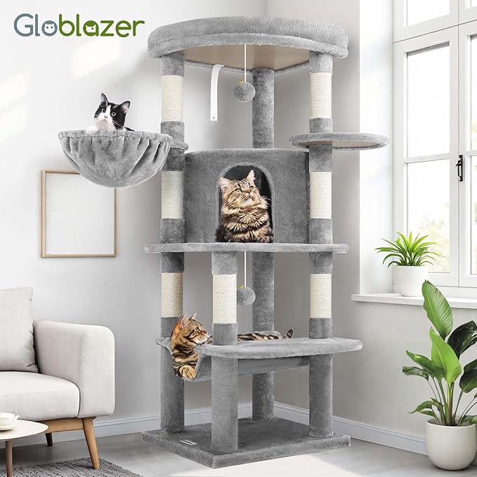 Globlazer Corner Cat Tree Tower for Indoor Cats, 51in Multi-Level Cat Condo Tower with Large Hammock, 7 Sisal Scratching Posts, Oversized Top Perch, Spacious Cat Cave, Hanging Basket, C51, Light Gray-PawvioPets