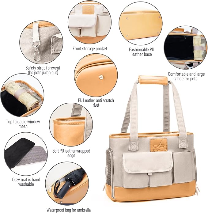 Dog Carrier, Cat Carrier, Pet Carrier, Foldable Waterproof Premium PU Leather Oxford Cloth Dog Purse, Portable Tote Bag Carrier for Small to Medium Cats and Small Dogs-PawvioPets