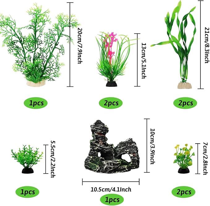 Fish Tank Accessories Aquarium Decorations Plants, 9pcs Green Fish Tank Decorations Plants and Cave Rock Decoration Decor Set, Aquarium Decor Plastic Plants-PawvioPets