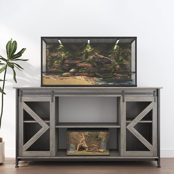 55-75 Gallon Aquarium Stand Heavy Duty Steel Frame, Fish Tank Cabinet with Accessories Storage for Reptile Terrarium & Turtle Tank - 1000lbs Capacity (Grey)-PawvioPets