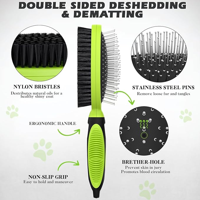 2PCS Pet Grooming Tools - Double-Sided Brush for Shedding and Bathing, Suitable for Short/Long Haired Dogs Cats and Horses, Deshedding Dog Brush, Mane & Tail Combs for Horses - Pet Supplies (Green)-PawvioPets