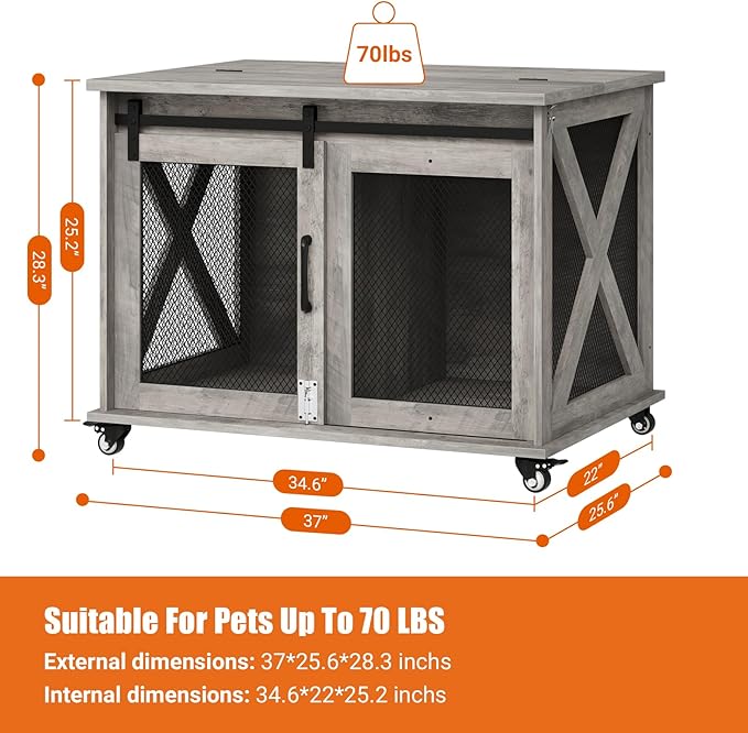 Dog Crate Furniture,37 Inch Indoor Dog Cage with Sliding Barn Door, Flip Top Dog Kennel End Table with Removable Divider, Farmhouse Wooden Pet House for Small to Middle Size Dogs-PawvioPets