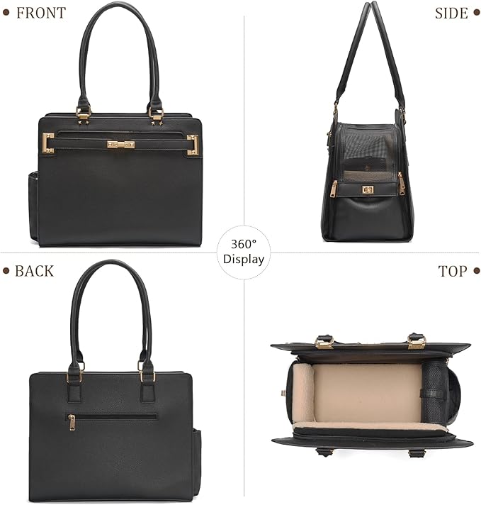 2-in-1 Stylish Dog Purse Carrier Soft-Sided Carriers Travel Tote Bag for Small Dogs Cats, Fashion Foldable Pet Bag for Puppies Small Animals with Pockets (Black, 15" L x 7.5" W x 12.2" H)-PawvioPets