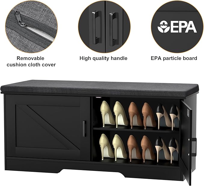 2-Tier Storage Bench, Shoe Bench with Padded Seat Cushion, Entryway Bench with 2 Barn Doors, Adjustable Shelf, 13.8" D x 39.4" W x 17.7" H, for Entryway, Living Room, Bedroom, Black-PawvioPets