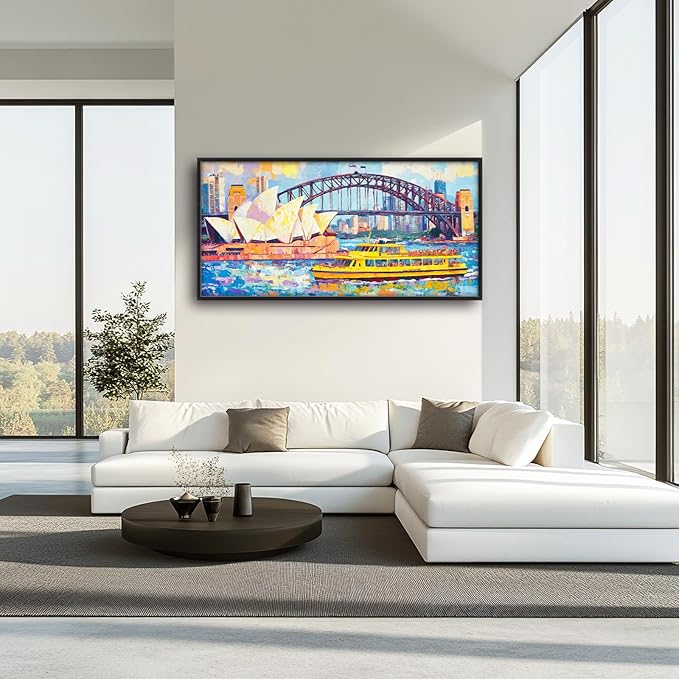 Extra Large Sydney Opera House Framed Wall Art for Living Room,Oversized Abstract Harbour Bridge Cityscape Pictures Wall Decor,Canvas Print Painting Modern Artwork Bedroom Office Bathroom 60L" x 30W"-PawvioPets