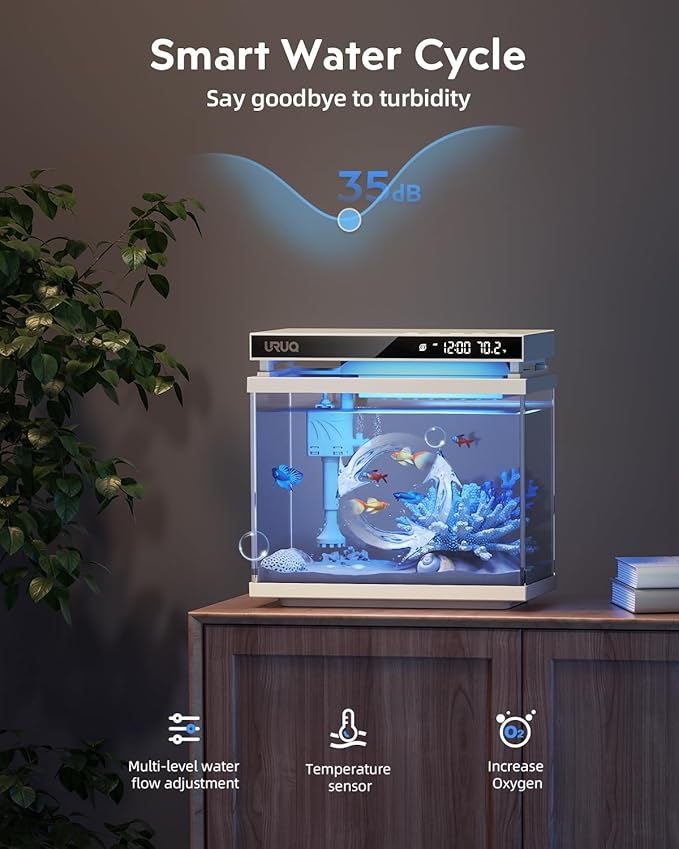 Fish Tank Smart Aquarium Kit: URUQ 2 Gallon Self Cleaning Multi-Layer Filtration System Silent Pump - UHD Glass 7-Color Lighting Temperature Monitoring - Fragrance Diffuser Humidifier White-PawvioPets