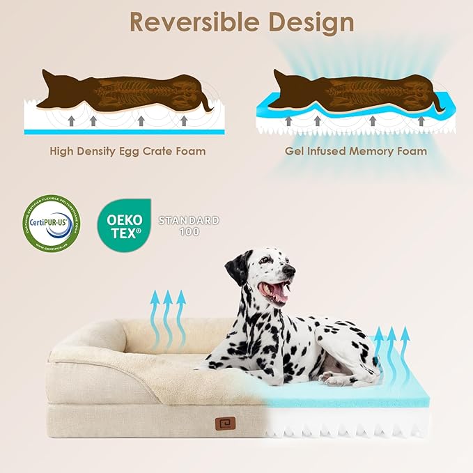 EHEYCIGA Memory Foam Dog Bed for Large Sized, Orthopedic Dog Sofa with Sides and Waterproof Liner, Washable Bolster Pet Bed Couch with Removable Cover, 36x27x7 Inch, Beige-PawvioPets