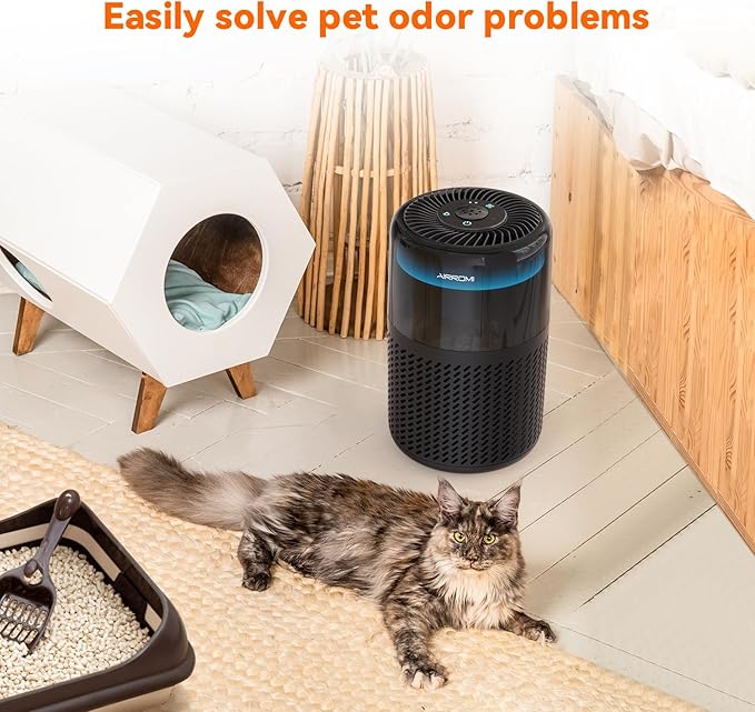 AIRROMI Air Purifier for Bedroom Home,HEPA Filter,Covers Upto 549 Ft²,Quiet 360°intake Air Cleaner with Fragrance ponge for Better Sleep,Night Light,Filters Smoke,Pet Dander,Allergies,Dust,A2005 Black-PawvioPets