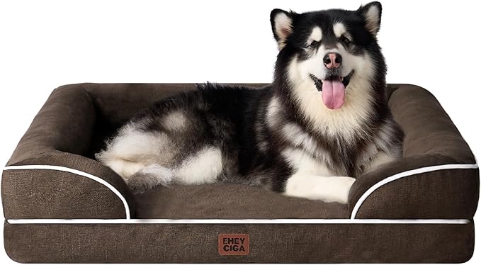 EHEYCIGA Orthopedic Dog Beds for Extra Large Dogs, Waterproof Memory Foam XXL Dog Bed with Sides, Non-Slip Bottom and Egg-Crate Foam Big Pet Couch Bed with Washable Removable Cover, Brown-PawvioPets