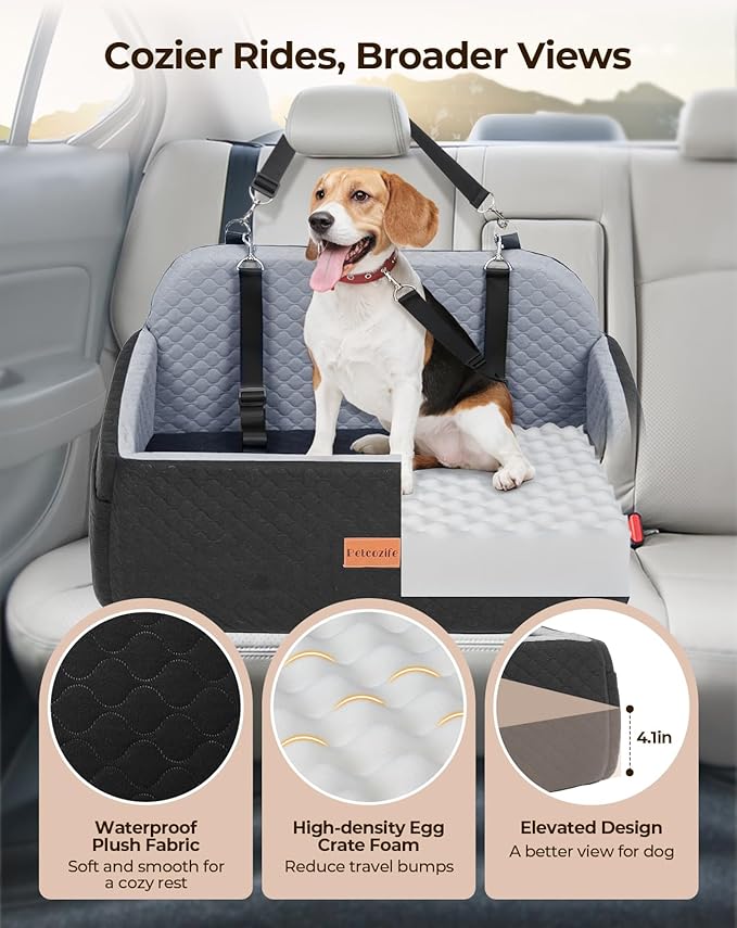 Dog Car Seat for Large Medium Dogs, Pet Car Seat Under 55 lbs or 2 Puppies, Removable Washable Pets Travel Booster Bed for Automotive Backseat with Comfy Thick Cushion, 2 Safety Leashes(Black/Gray)-PawvioPets