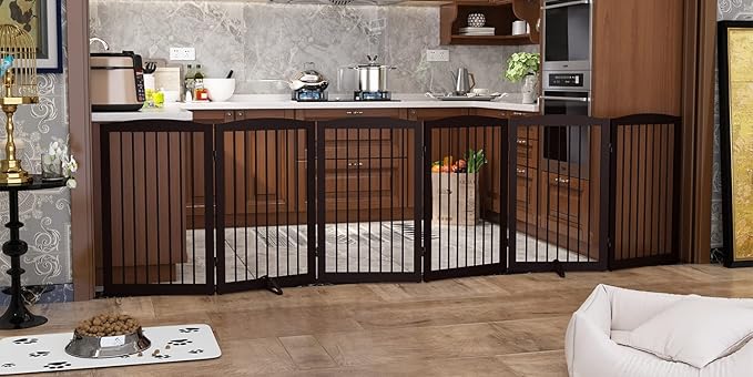 Freestanding Pet Gate for Dogs, Indoor Wooden Foldable Dog Gate for House, Extra Wide, Pet Fence for Stairs, Doorways, Halls, Support Feet Included, 120 Inch Wide, 6 Panels 32",Brown-PawvioPets