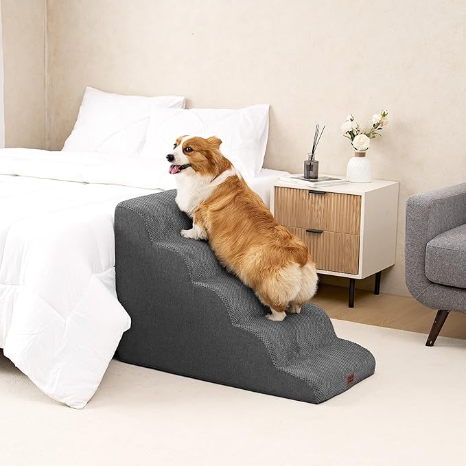 EHEYCIGA Curved Dog Stairs Ramp for High Beds, 5-Step Extra Wide Dog Steps for Small Dogs and Cats, Pet Stairs for High Bed Climbing, Non-Slip Balanced Pet Step Indoor, Grey-PawvioPets