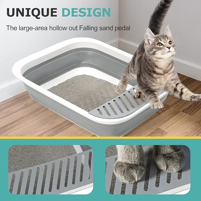 Foldable Cat Litter Box, Large Height-Adjustable Anti-Splash Open Air Kitty Litter Pan, Easy Clean with Scoop (Gray)-PawvioPets