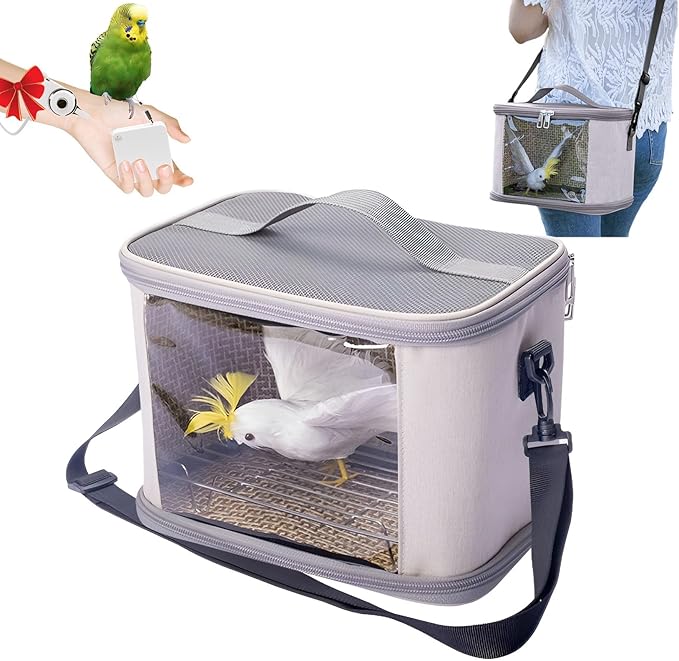Bird Travel Carrierm, Small Bird Travel Backpack Carrier Cage with Tray and Breathable Clear Window, for Parakeet Cockatiel Budgies, for Camping Hiking (Beige)-PawvioPets