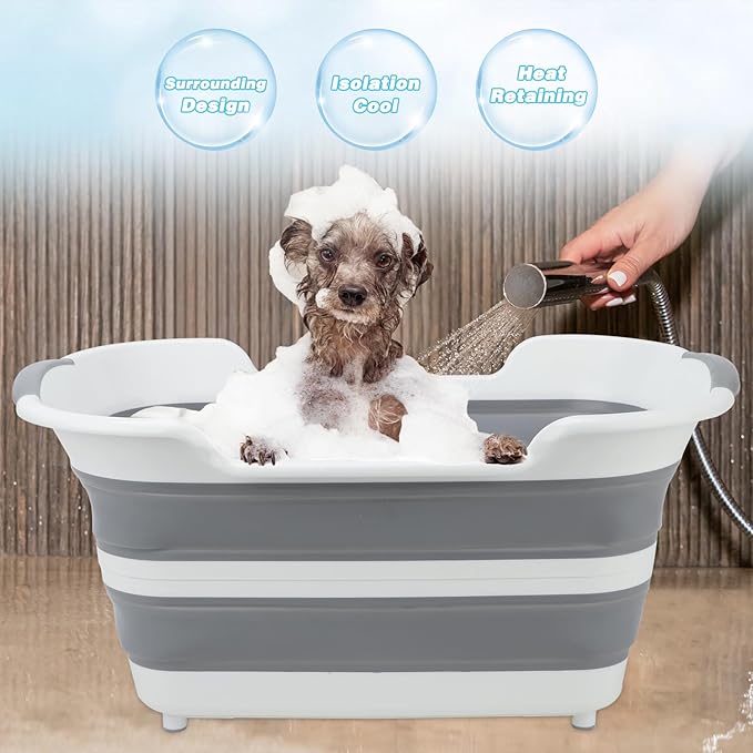 FHTONGE 7.13 Gal/27L Raised Collapsible Dog Bathtub with Drain Hair Catcher, Multifunctional Pet Washtub for Small to M Dog, Portable Puppy Tub Cat Shower Basin Laundry Basket Storage Organize Bucket-PawvioPets