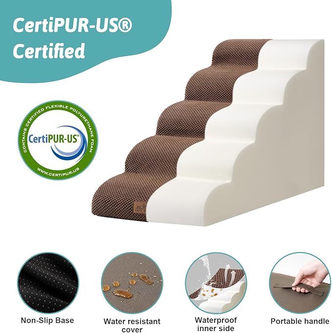 Dog Stairs for High Bed 22.6" H, Small Dog Step for Puppy, Older or Cat, Curved Ramp for Car, Ladder with High Density Foam, Lightweight, Durable, 15.7x33x22.6 inch, 5 Step, Brown-PawvioPets