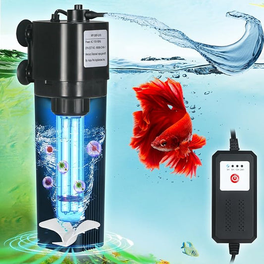 Aquarium U-V Filter for 40-75 Gal, 211 GPH Swirl Turbo Design Submersible Internal Turtle Fish Tank Filter w/Timer, Quiet Power Pump Air Supply Green Clean Machine Saltwater Freshwater Green Killing-PawvioPets