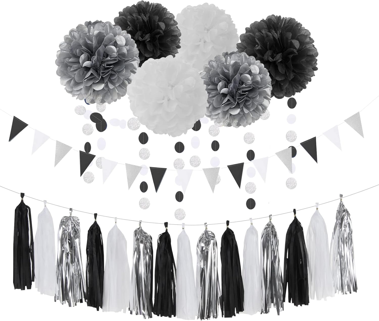 Black White Silver Party-Decorations Streamers - 23pcs Tissue Pom Poms, Graduation Men Boys Birthday Tassel Garland Banner,Wedding Baby Bridal Shower New Years Decor Lasting Surprise