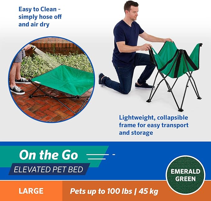 Coolaroo On-The-Go Elevated Dog Bed - Foldable Pop-Up Travel Dog Bed with Breathable, Moisture-Resistant Fabric, Carry Bag Included, Lightweight & Portable, Emerald Green, Large-PawvioPets