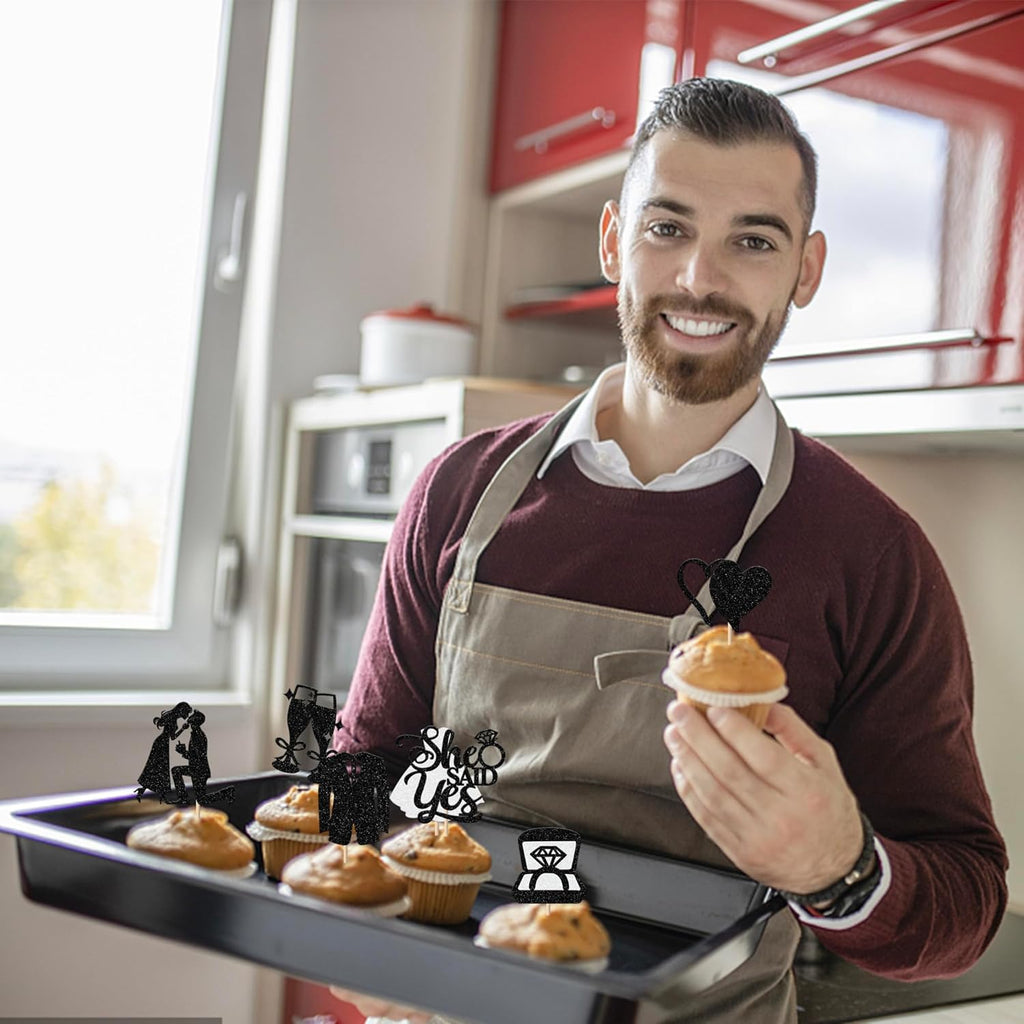 30 Pack Bride to be Cupcake Toppers Glitter Diamond Ring Love I Do Cupcake Picks Miss to Mrs He Asked She Said Yes Bridal Shower Wedding Engagement Bachelorette Cake Decorations Party Black