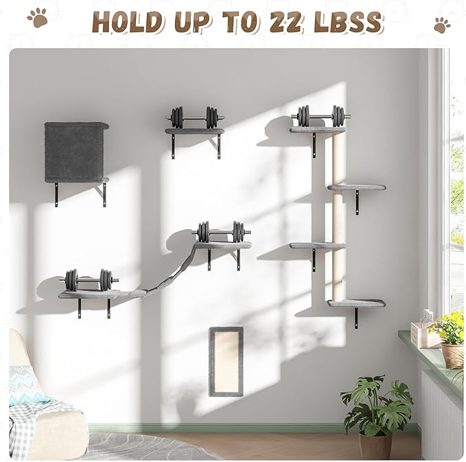 COZIWOW Wall Mounted Cat Furniture, Cat Wall Shelves and Perches, Floating Cat Shelves for Wall Set of 5 (Grey)-PawvioPets