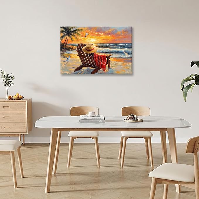 Beach Coastal Bathroom Pictures Wall Art, Seaside Ocean Bathroom Wall Decor, Sunrise Palm Framed Painting Canvas Artwork for Bedroom Living Room Decorations 24"L x 16"W-PawvioPets