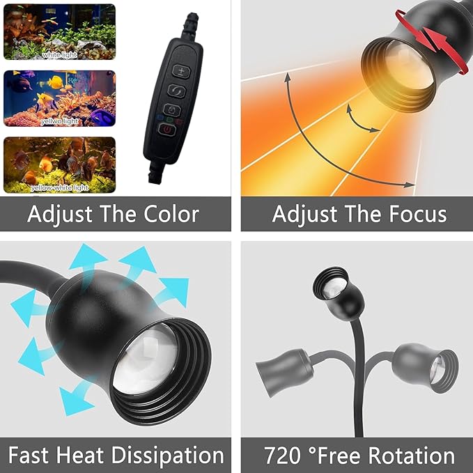 Aquarium Focus Light for Open Fish Tank Indoor LED Light Big Clip Lamp Adjustable Focus (White-Yellow with Timer)-PawvioPets