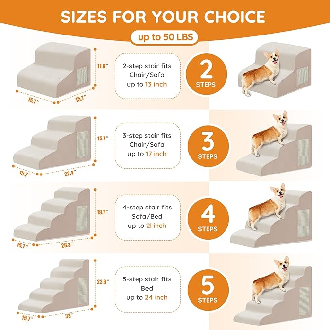 Dogs Steps for Bed, Dog Stairs for Small Dogs, 2-Step Dog Ramp for Bed, Couch, Sofa, and Chairs, Non-Slip Bottom Design, Cat Scratching, High Density Foam Portable Pet Step, Indoor, Beige-PawvioPets