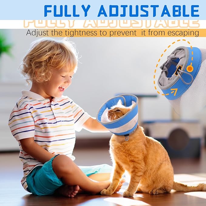 Breathable Air Mesh Cat Cone Collar Soft to Stop Licking, Adjustable, Foldable Lightweight Kitten Cones After Surgery Recovery for Cats & Kittens (Blue, S)-PawvioPets