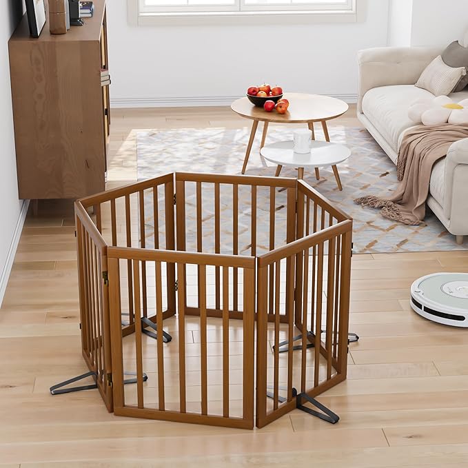 Freestanding Pet Gate Foldable Dog Gate (110 inches Wide) Walnut Bamboo Dog Gates for Stair Doorways House Puppy Fences Indoor (4 Support Feet Included)-PawvioPets