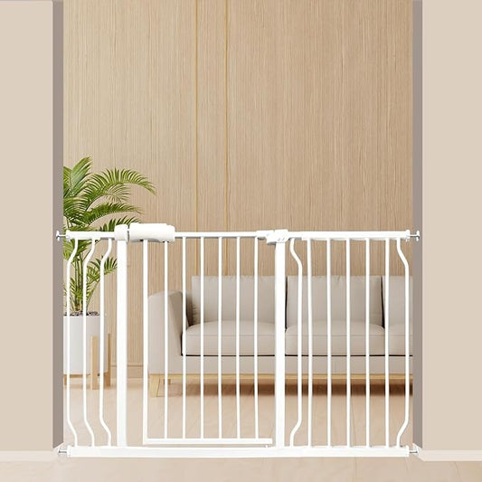 Extra Wide Baby Gate 48-53 Inch, Tension Mounted No Drilling, Pressure Mounted Indoor Safety Gate for Stairs & Doorways - Metal Design for Kids and Pets, White-PawvioPets