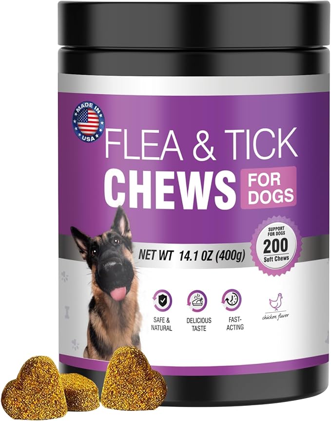 Dog Flea and Tick Treatment Chewable 200 Treatment Chews Natural Soft Chew Fleas Ticks Treatment Dog Oral Chewables Support Supplement Pest Defense Breeds and Ages Dogs Chicken Flavor-PawvioPets