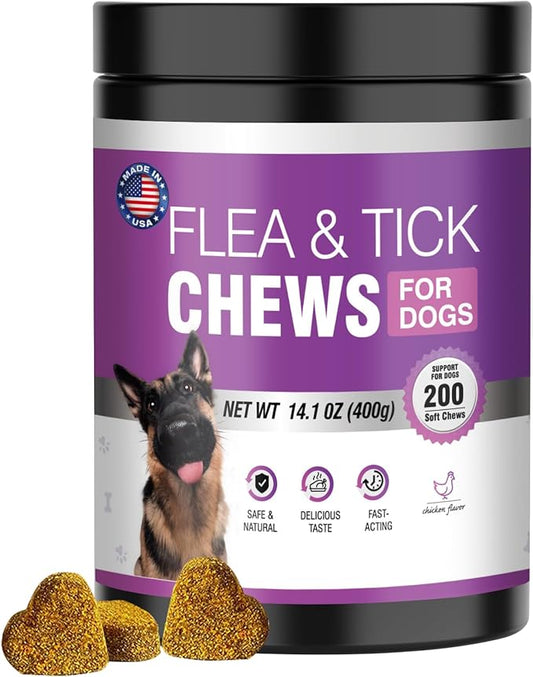 Dog Flea and Tick Treatment Chewable 200 Treatment Chews Natural Soft Chew Fleas Ticks Treatment Dog Oral Chewables Support Supplement Pest Defense Breeds and Ages Dogs Chicken Flavor-PawvioPets