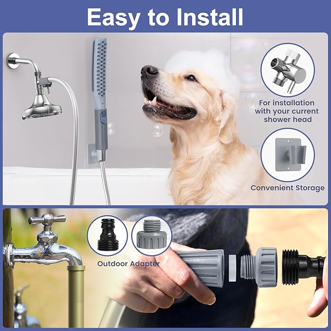 Dog Shower Attachment, Dog Shower With Metal Diverter, Pet Shower Attachment for Fast and Easy Dog Bathing, 3 Spray Modes One-Button Switch 8-Foot Hose For Indoor and Outdoor-PawvioPets