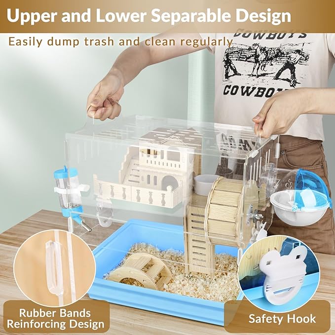 Cycodo 8 in 1 Acrylic Hamster Cage,2-Tier Dwarf Hamster Cage with Wooden Wheel & Hideout,Small Hamster Habitat with Accessories,Clear Pet Mice House(Blue,14" L*10" W*11" H)-PawvioPets