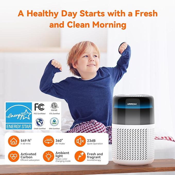 AIRROMI Air Purifier for Bedroom Home,HEPA Filter,Covers Upto 549 Ft²,Quiet 360°intake Air Cleaner with Fragrance ponge for Better Sleep,Night Light,Filters Smoke,Pet Dander,Allergies,Dust,A2005 White-PawvioPets