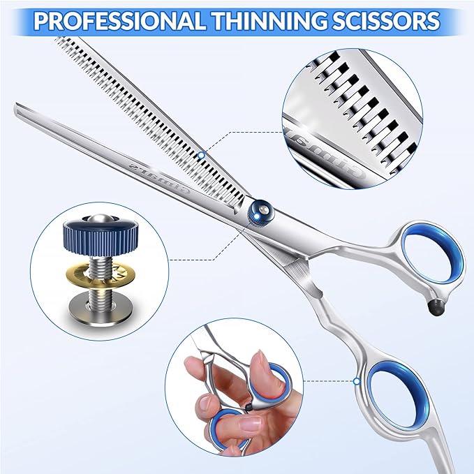 Gimars Professional 5 in 1 Grooming Scissors for Dogs 4CR with Safety Round Tip, Heavy Duty Titanium Coated Straight & Thinning & Curved Shears-PawvioPets