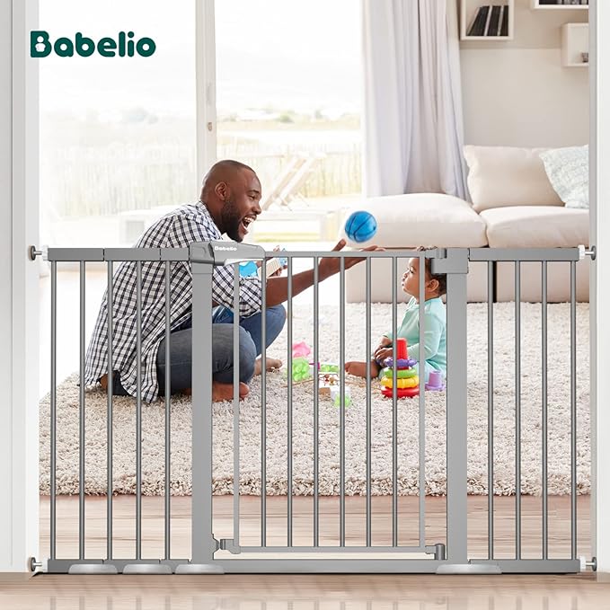 BABELIO 29-55 Inch Extra Wide Baby/Dog Gate, Metal Auto Close for The House and Doorways, Pressure Mounted Pet Door, NO Need Tools and Drilling, with Wall Cups, Gray-PawvioPets